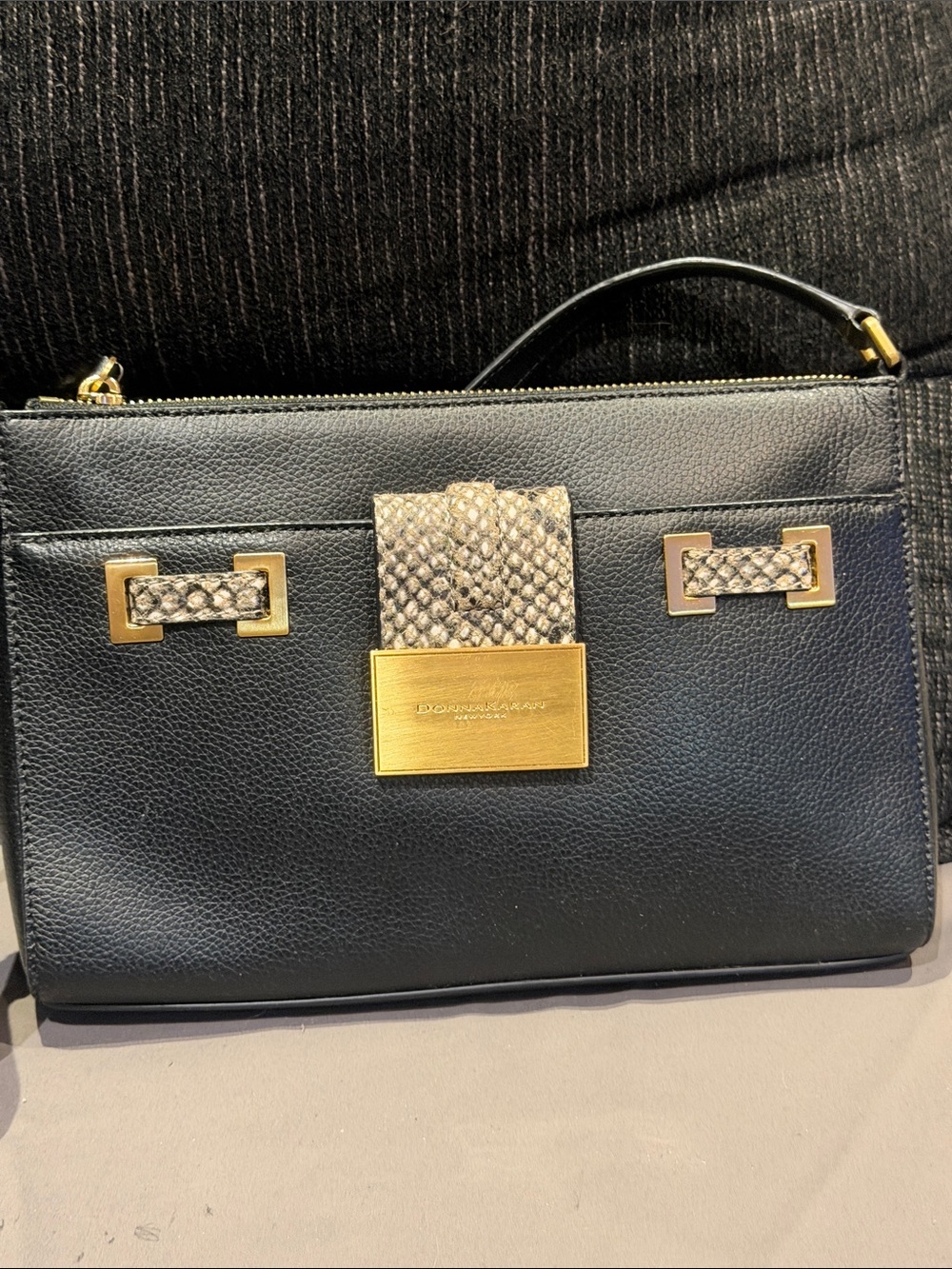 Donna Karan Black Leather Satchel with Snakeskin Accent and Gold Hardware
